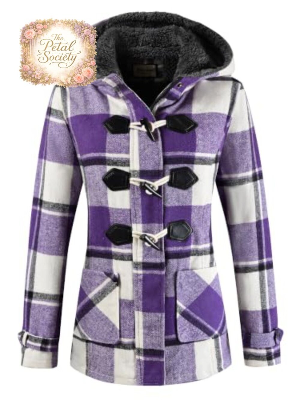 Women's Hooded Plaid Flannel Sherpa Lined Toggle Jacket